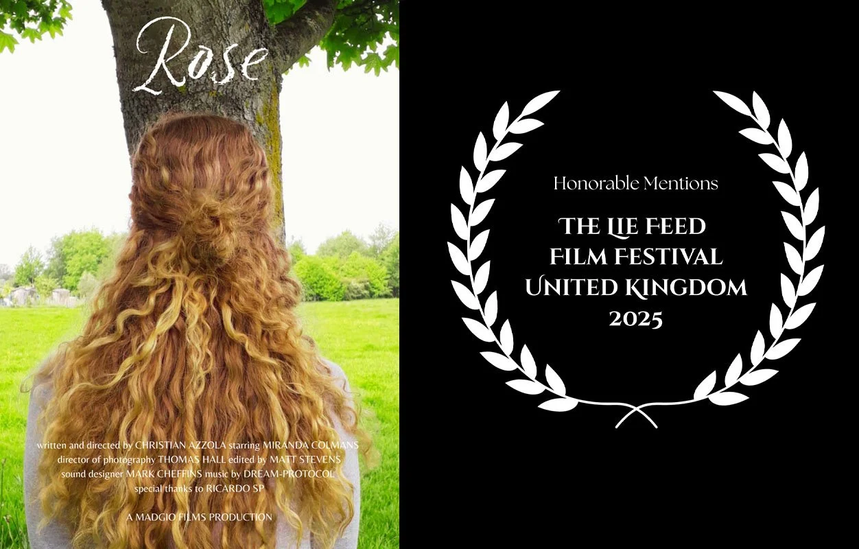 A woman with long, curly red hair stands outdoors next to a tree, with a grassy field and trees in the background. The left side of the image has the word 'Rose' written in cursive. The right side of the image displays a black background with white t
