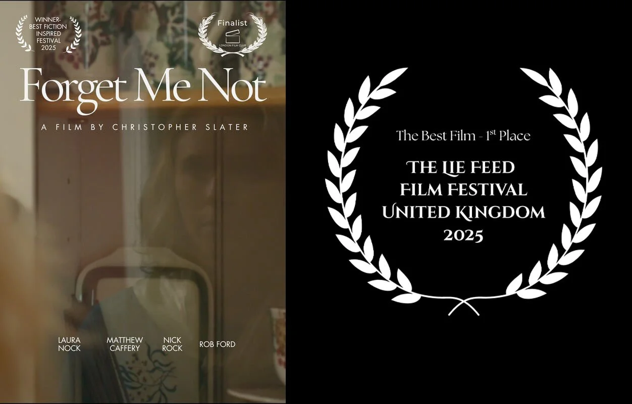 Award plaque for the short film 'Forget Me Not' by Christopher Slater, winning Best Fiction Inspired Film at the 2025 London Film Club Festival, and a separate certificate for first place at the 2025 The Lie Feed Film Festival in the United Kingdom.