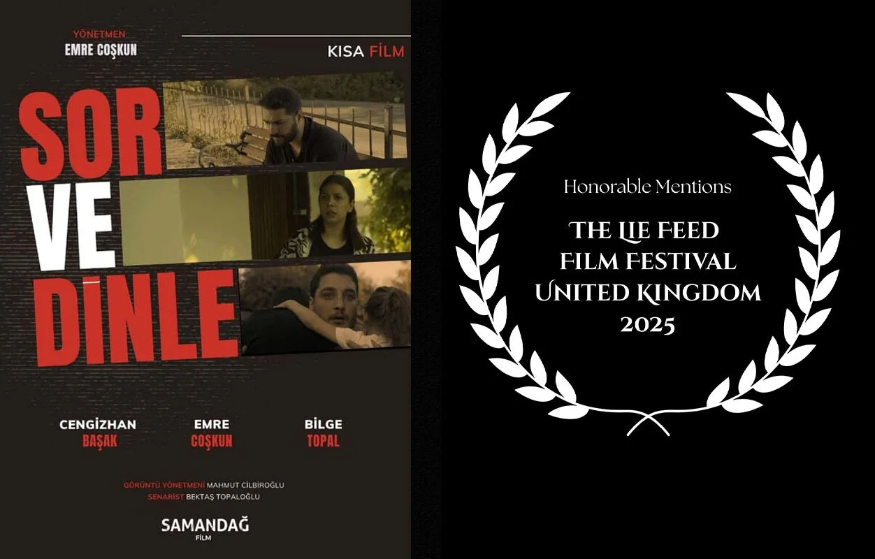 A poster of a short film titled 'Soru ve Dinle' showing three images of characters, with award recognition from the Leo Feed Film Festival, United Kingdom, in 2025.