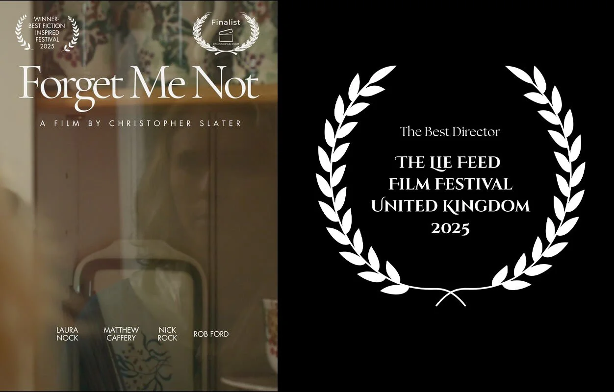 Poster for the film 'Forget Me Not' by Christopher Slater, a finalist at the 2025 London Film Club Festival. The left side shows a blurry reflection of a woman in a mirror with a quiet expression, and the right side has a white laurel wreath with awa