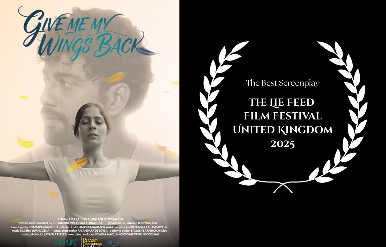 Movie poster for 'Give Me My Wings Back' featuring a woman with arms outstretched and a large semi-transparent face of a man behind her, with yellow feathers floating around, and an award laurel indicating it won Best Screenplay at the 2025 United Ki