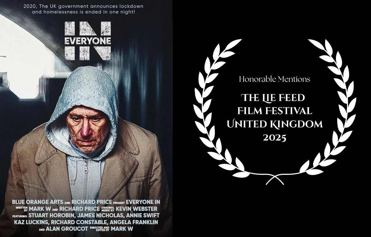 A movie poster for "Everyone In" with an image of an elderly man wearing a hoodie and a jacket, looking down with a distressed expression. The background is dark, and the poster contains text with production credits and a film festival award mention.