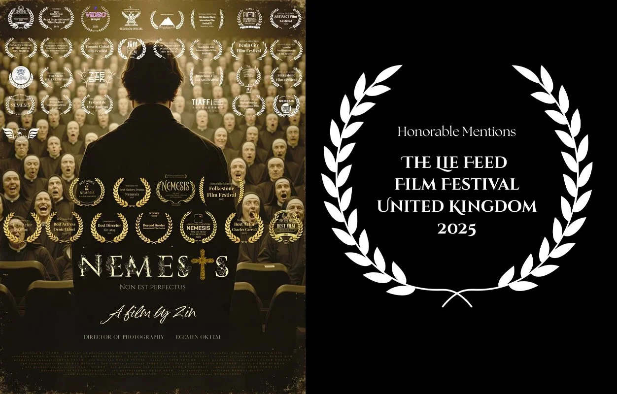 Left side: Poster of the film 'Nemets' showing a woman facing an audience of identical screaming figures with numerous film festival laurels and awards displayed. Right side: Black background with white laurel wreath surrounding the text 'Honorable M