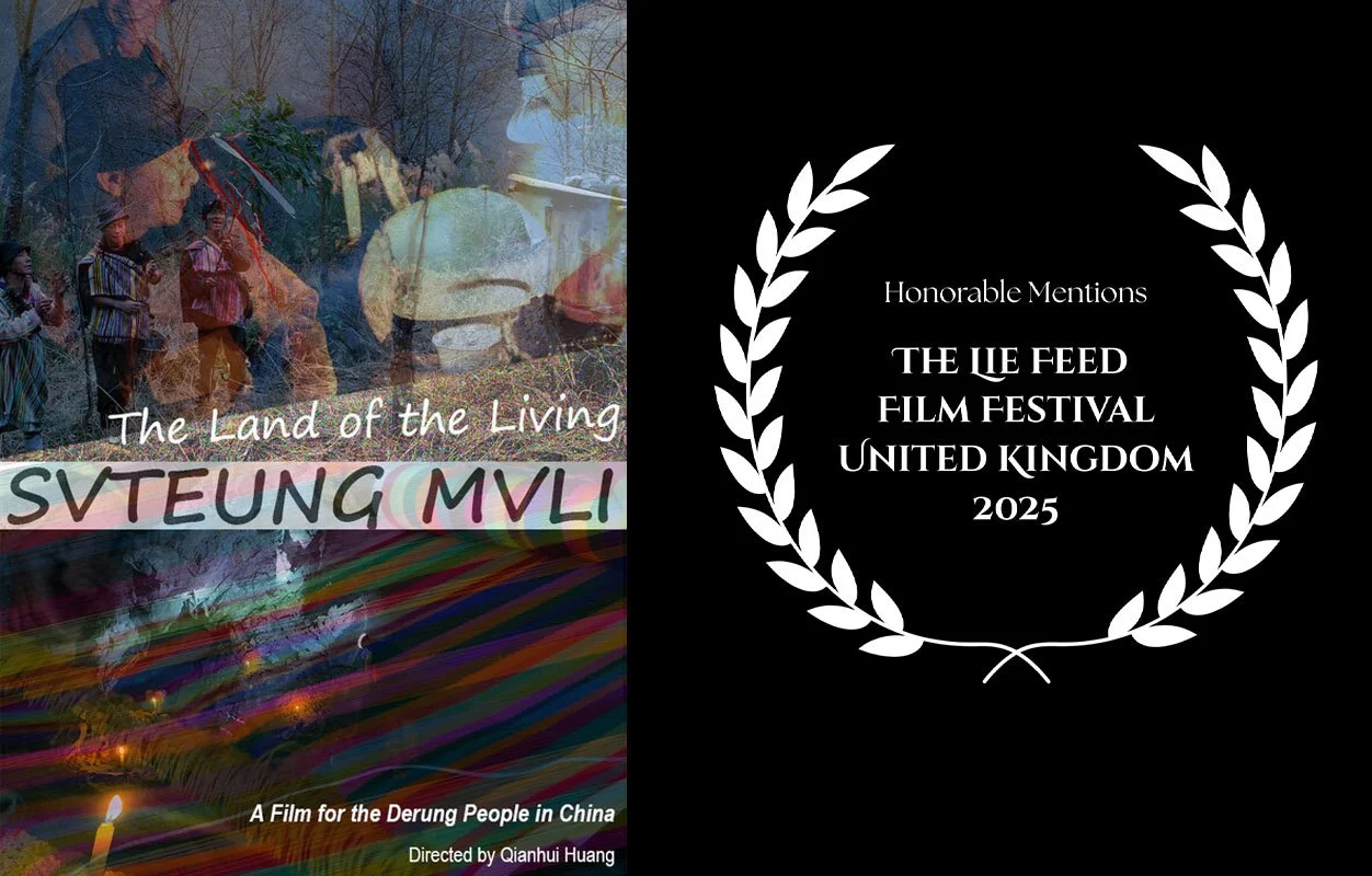 A promotional poster for a documentary titled "Steung MVLI" with the subtitle "The Land of the Living," showing a collage of images including villagers, lands, and candles, and a separate black and white section with an award laurel wreath announcing