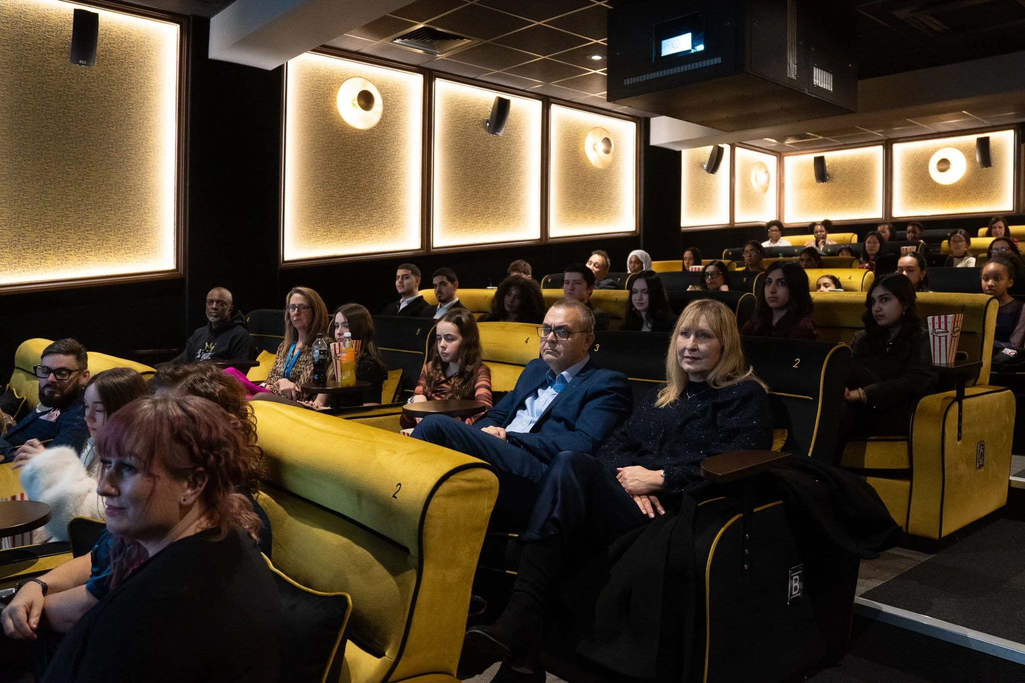 Audiences seated in a darkened movie theater or presentation room, watching a screen at the front.