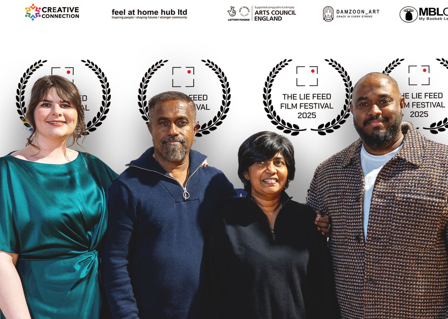 Group of four people standing close together in front of a backdrop with logos and text for The Lie Feed Film Festival 2025.