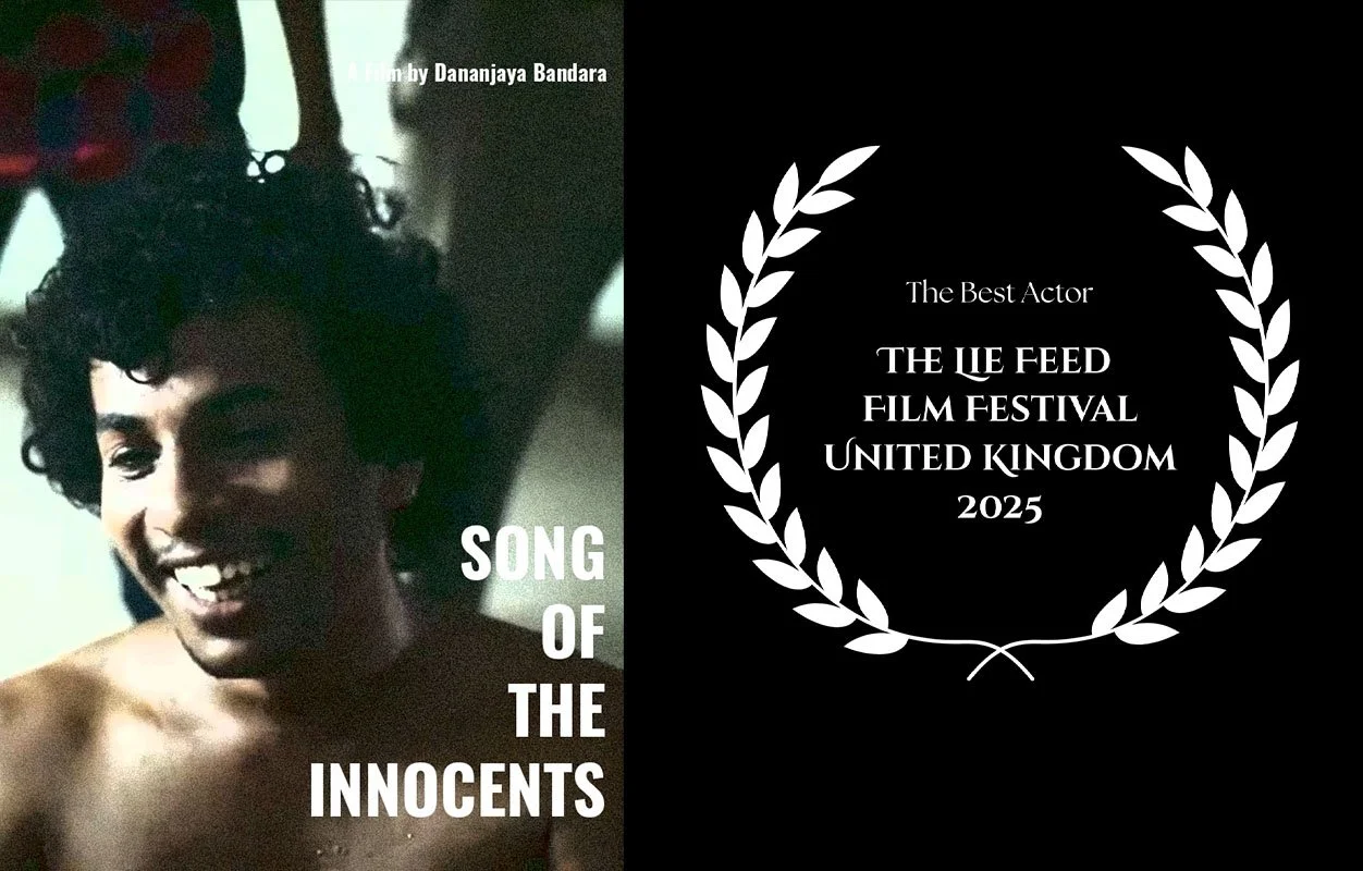 A movie poster for 'Song of the Innocents', directed by Dananjaya Bandara, showing a smiling young man with curly hair on the left side. The right side has a black background with white laurel wreath and text indicating it won the Best Actor at the U