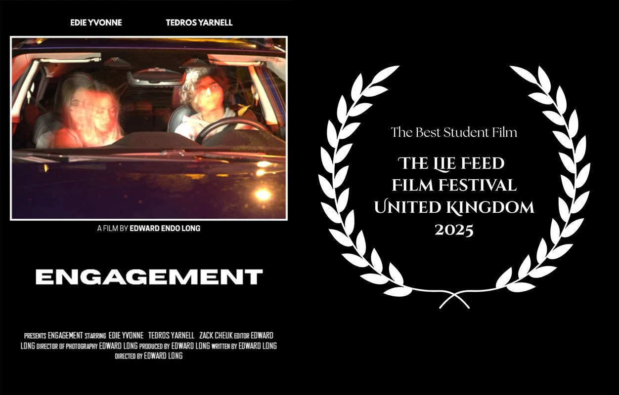Poster for a student film titled 'Engagement' featuring Edie Yvonne and Tedros Yarnell, showing a blurred image of two people in a car at night, with laurels indicating awards at the film festival.