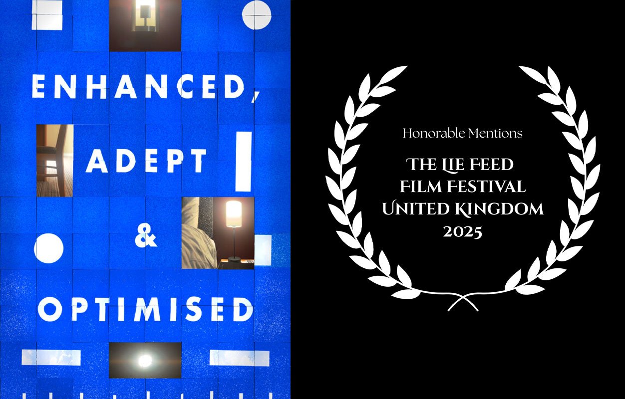 A movie poster divided into two sections. The left side has a blue background with white text reading 'ENHANCED, ADEPT & OPTIMISED' and small images of a lamp, a bed, a chair, and a light bulb. The right side has a black background with a white laure