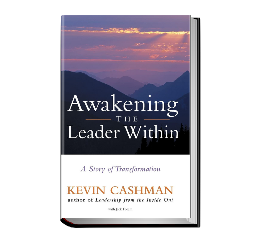 Cover of the book titled "Awaken the Leader Within" by Kevin Cashman featuring a mountain landscape at sunrise or sunset with purple and orange hues.