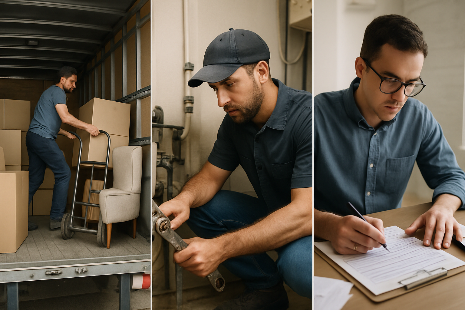 Three men working in different environments, one moving boxes with a dolly, one examining machinery, and one writing on a clipboard.