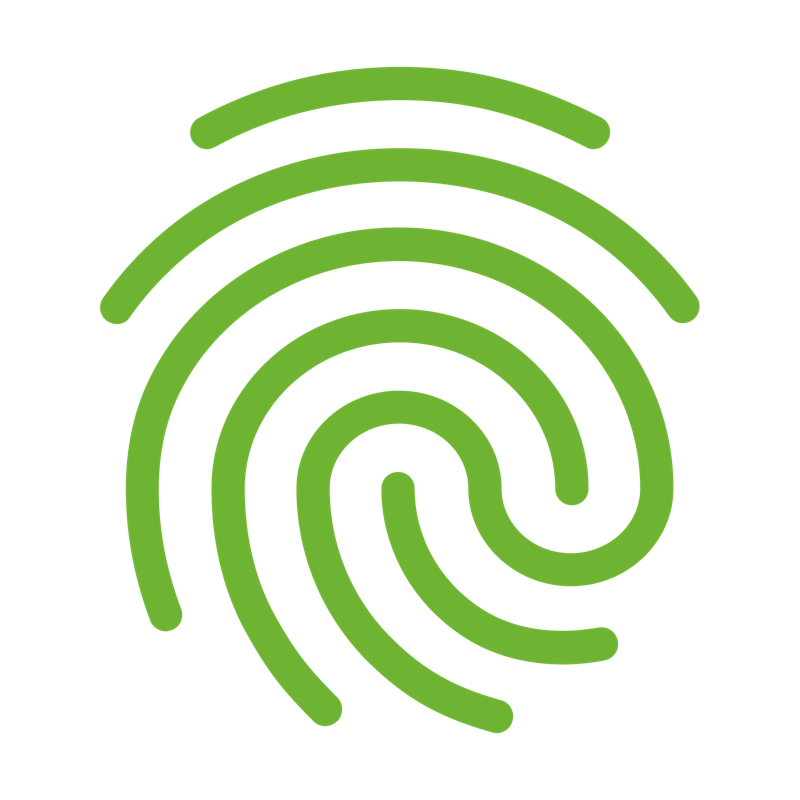 Green fingerprint icon on black background.