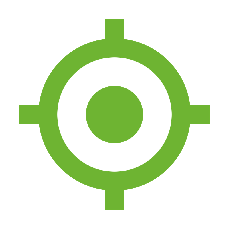 Green target symbol with a circle in the center and four outward extensions on a black background.