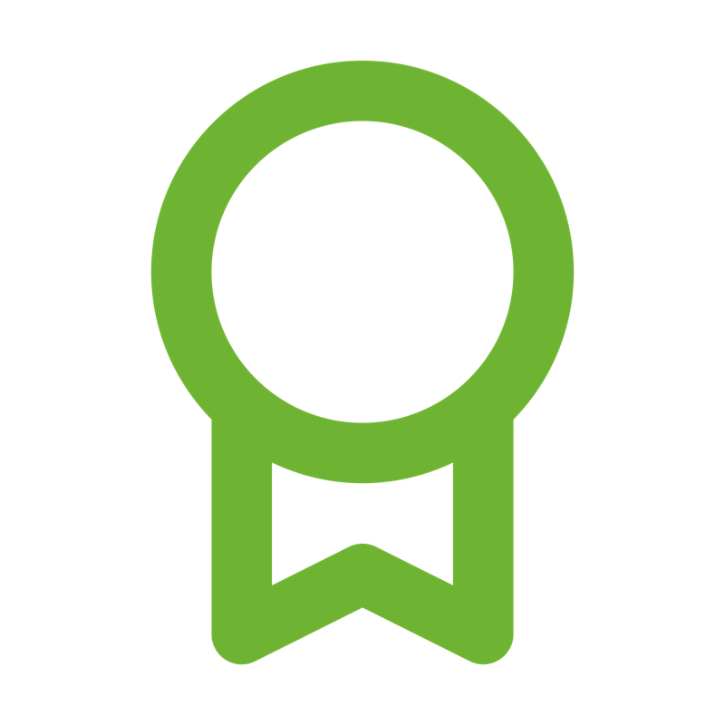 Green award ribbon with a circular top and a ribbon tail hanging below.