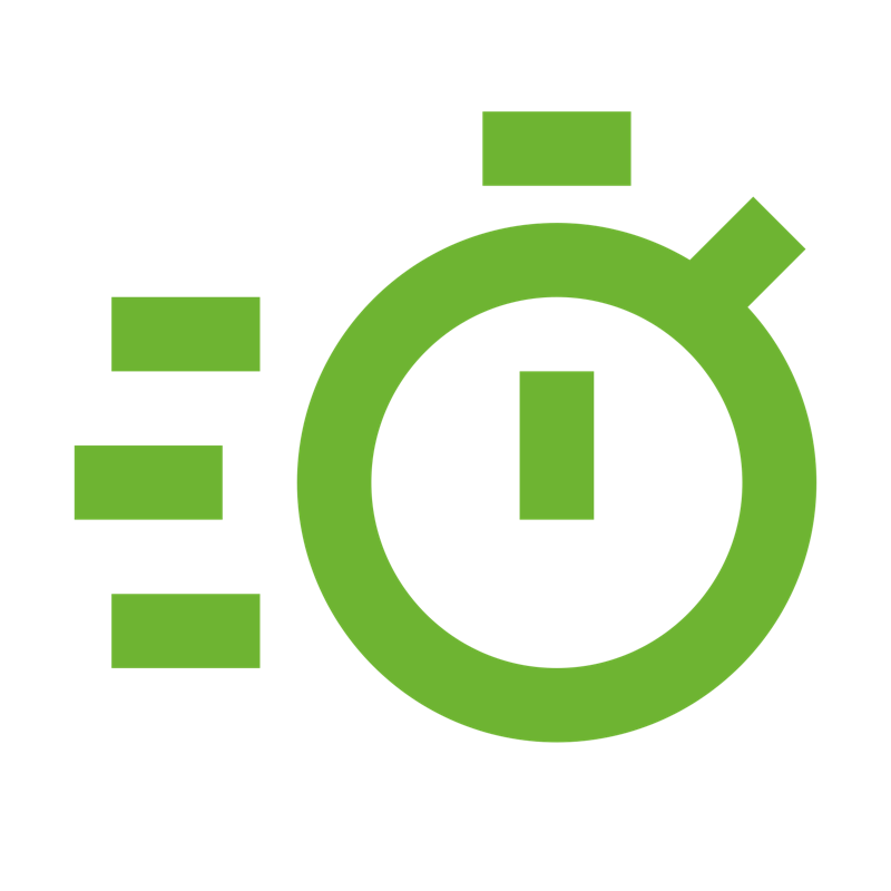 Green stopwatch icon with four horizontal bars on the left side indicating speed or time.