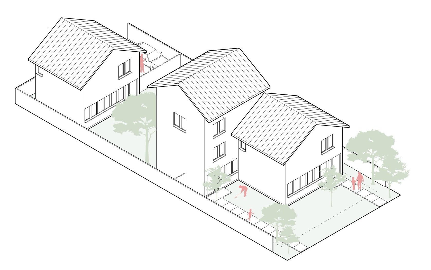 A three-story residential building with a fenced backyard, trees, and patio, depicted in a simple architectural drawing style.