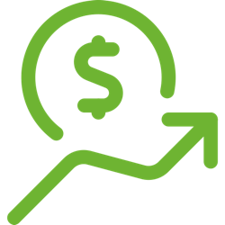 Green coin with dollar sign and upward trending arrow