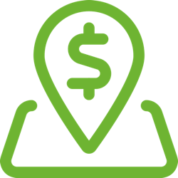 Green icon of a map marker with a dollar sign inside, connected to a location pin.