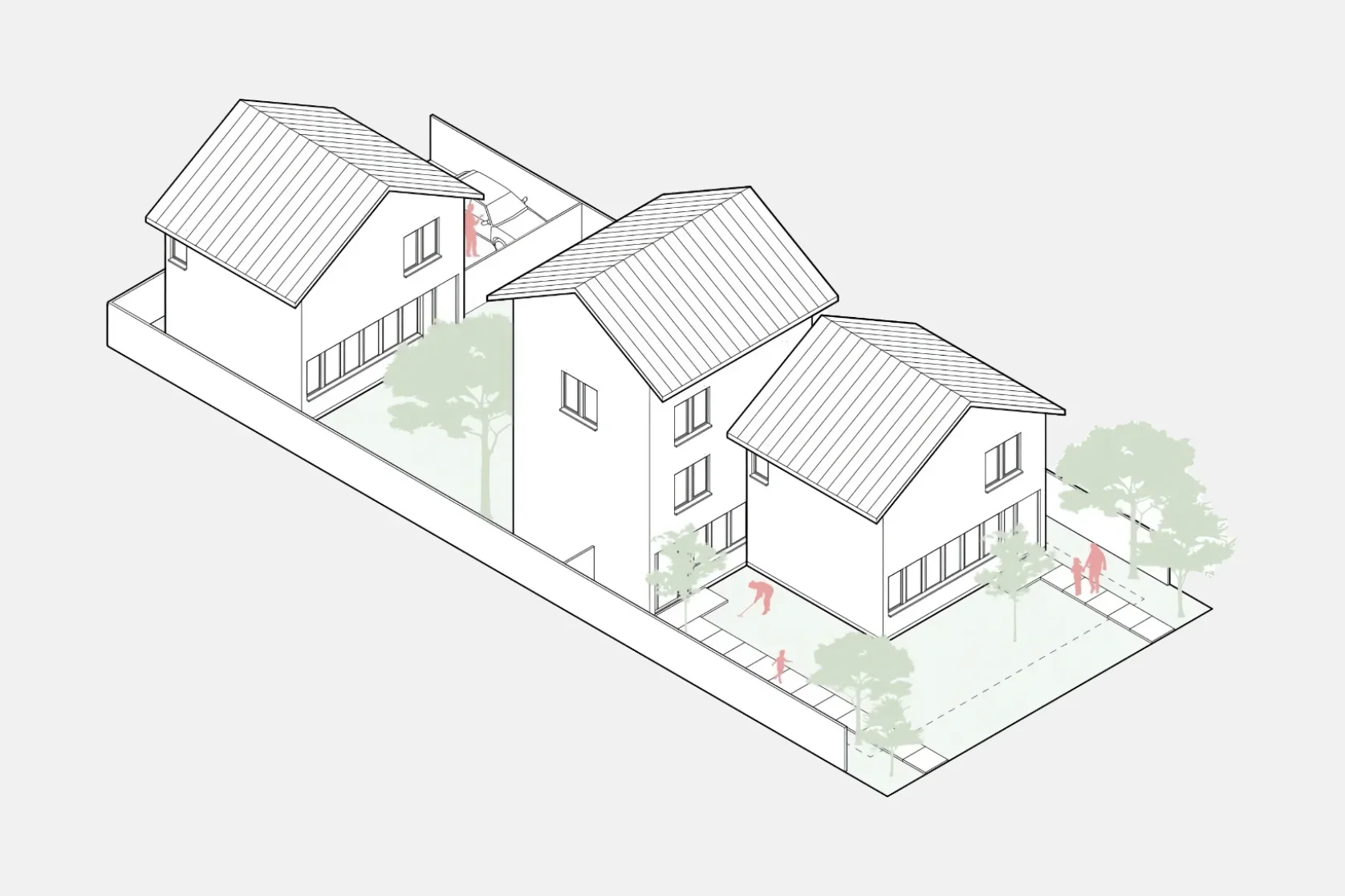 A 3D architectural illustration of a residential complex with two modern houses, trees, and a courtyard.