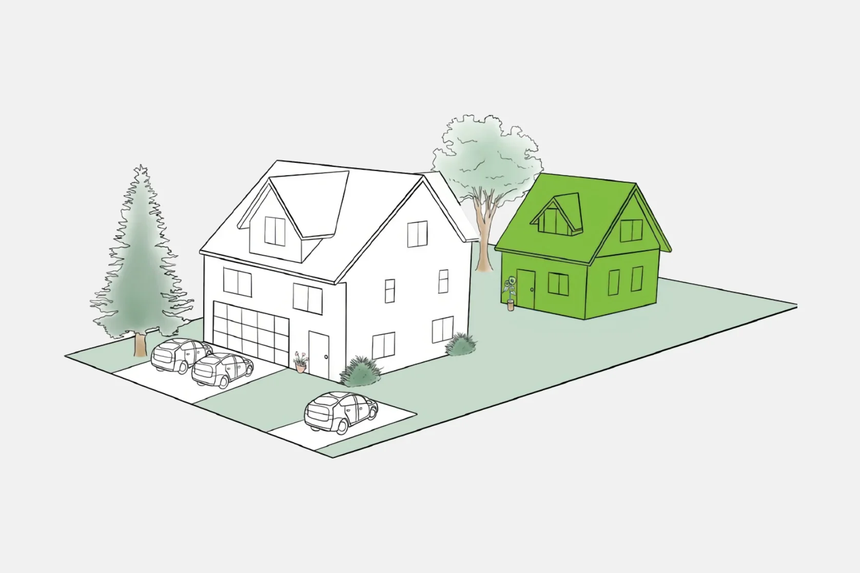 Illustration of a white two-story house with a garage, several parked cars, and a green house nearby. Trees surround the buildings, with a large tree behind the green house and smaller shrubs around the white house.