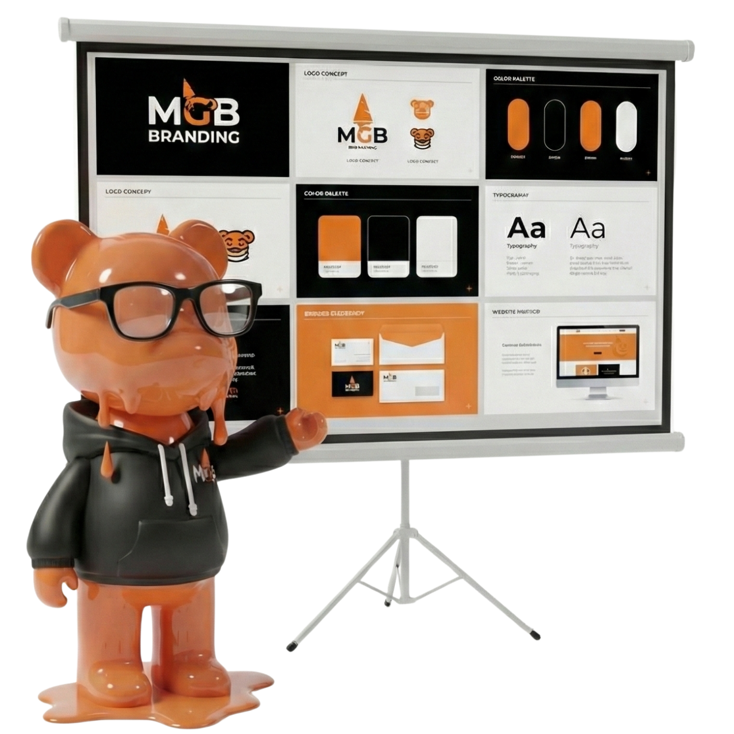 Oso estilo glossy con gafas negras y sudadera negra en una presentación de negocio, con cartelera en el fondo que muestra conceptos de marca y diseño en tonos naranjas y blancos.