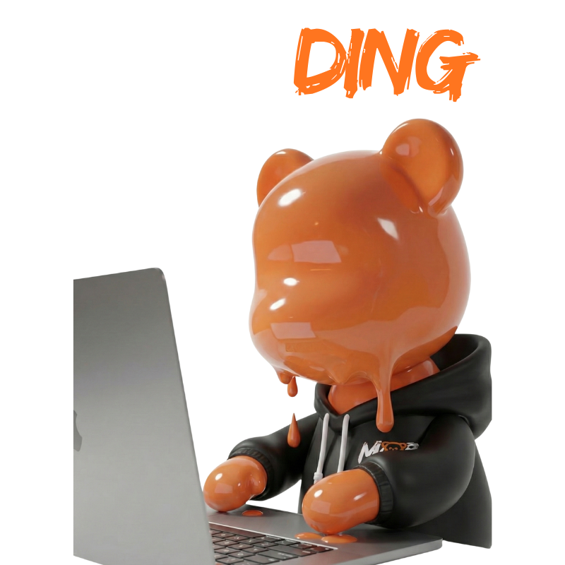 Oso con sudadera negra escribiendo en laptop diseño glossy promocionando Branding (creación de marca)