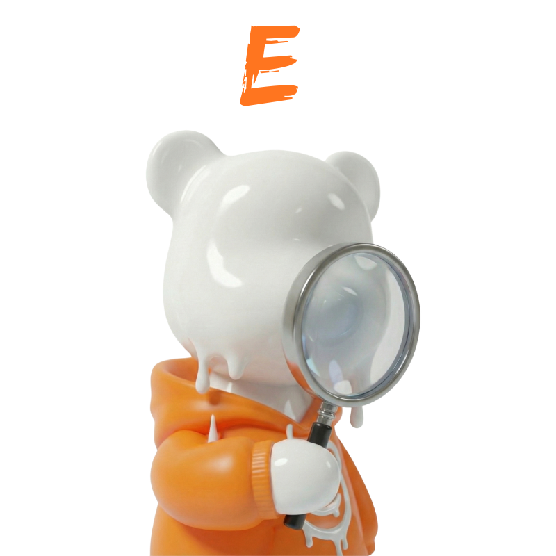 Oso con sudadera naranja y lupa diseño glossy con letras de SEO (Search Engine Optimization)