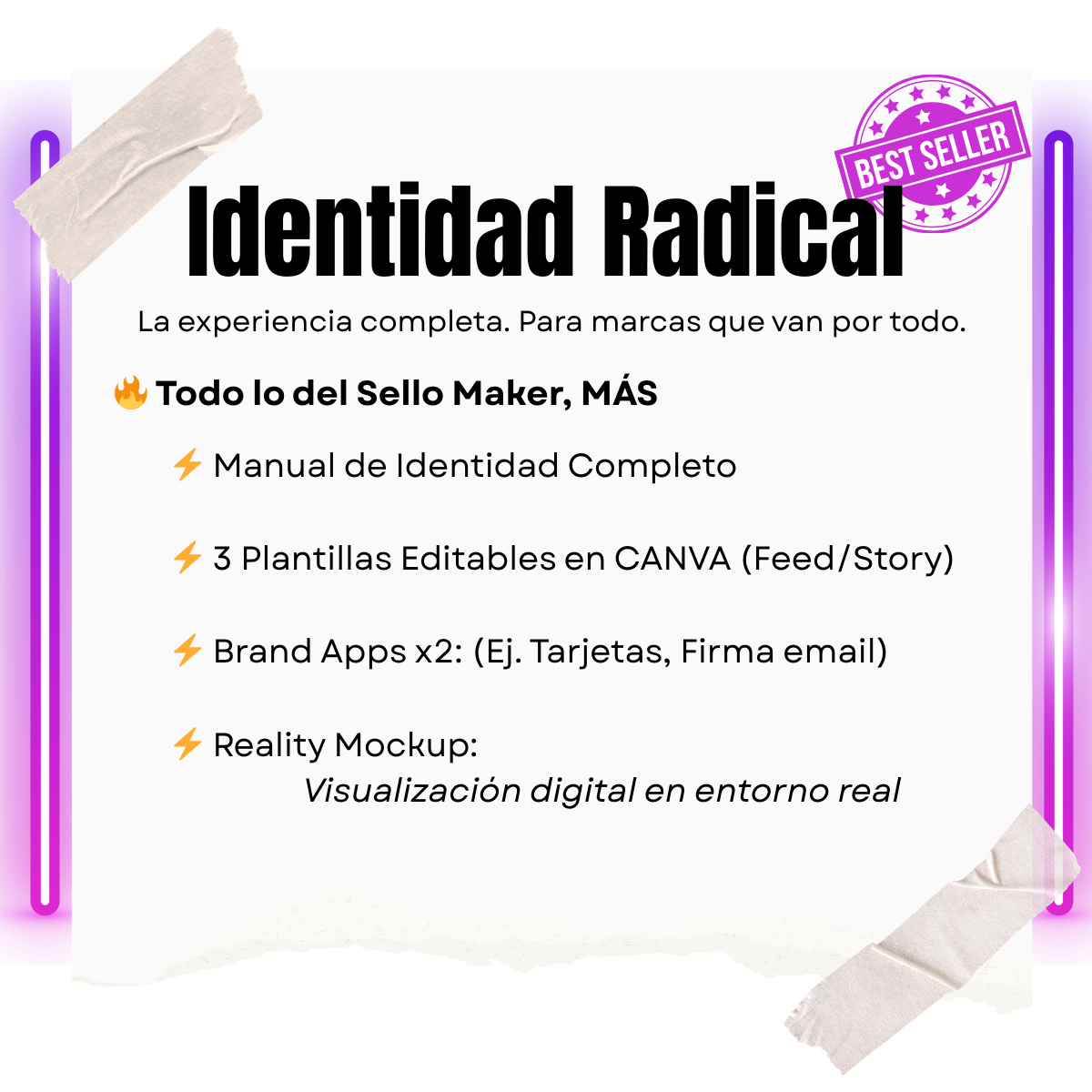 Información de una oferta de productos para marcas, resaltando 'Identidad Radical' y 'Best Seller', con detalles sobre manual de identidad, plantillas, apps de marca y mockup de realidad aumentada en entorno digital.