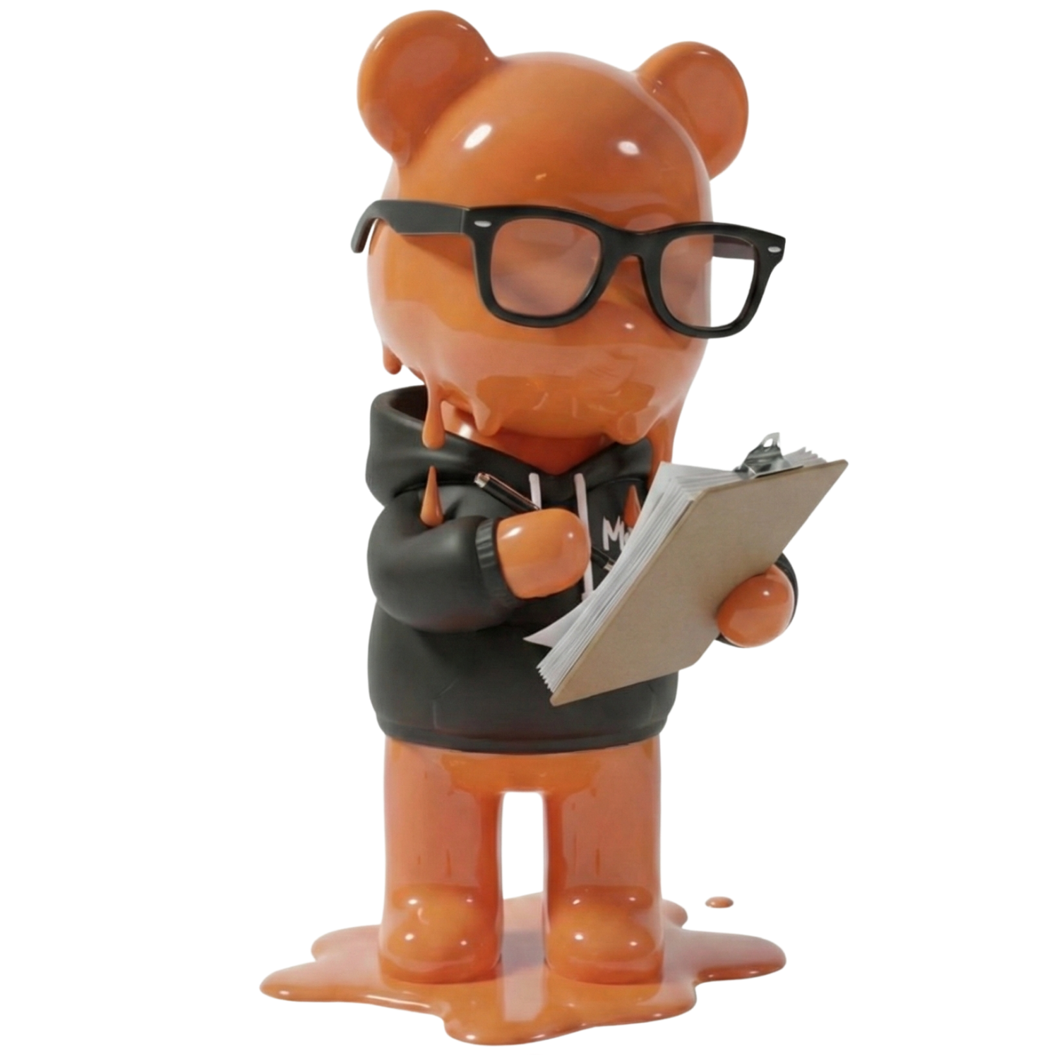 Estatua de un oso de color marrón con gafas negras, sudadera con capucha y libro, con una expresión pensativa.