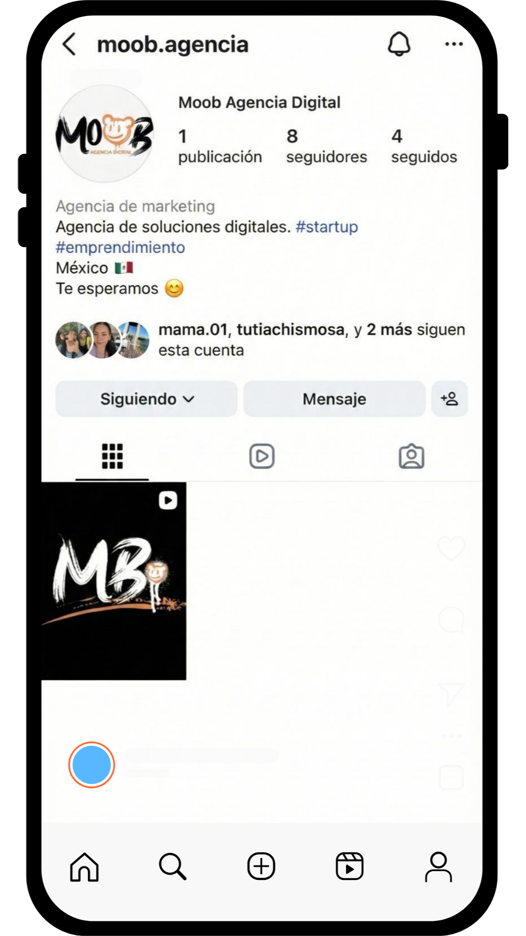Captura de pantalla de un perfil de Instagram llamado 'moob.agencia', que pertenece a una agencia de marketing digital en México, con una publicación y seguidores.