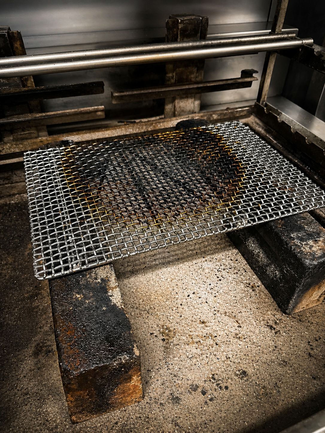 Stainless steel hibachi grill rack in commercial kitchen under high heat use