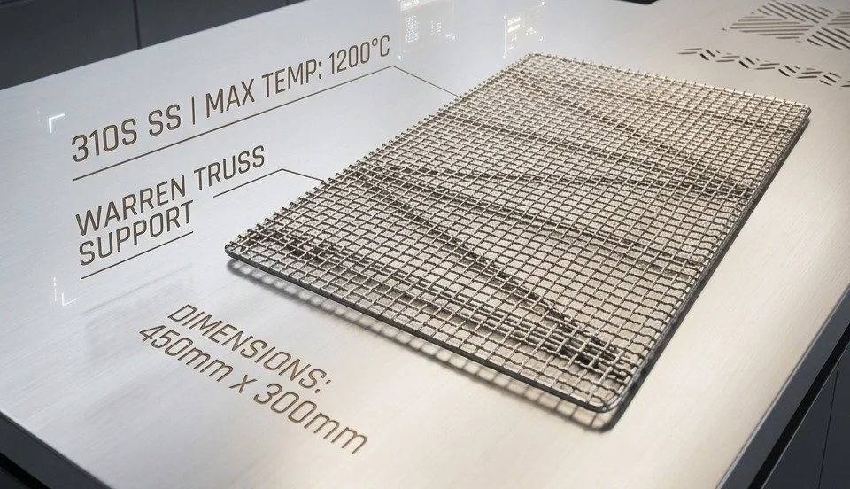 A metal wire mesh tray with technical specifications printed on a surface, indicating it is made of 310S stainless steel with a maximum temperature of 1200°C, supported by Warren Truss support, and dimensions of 450mm by 300mm.