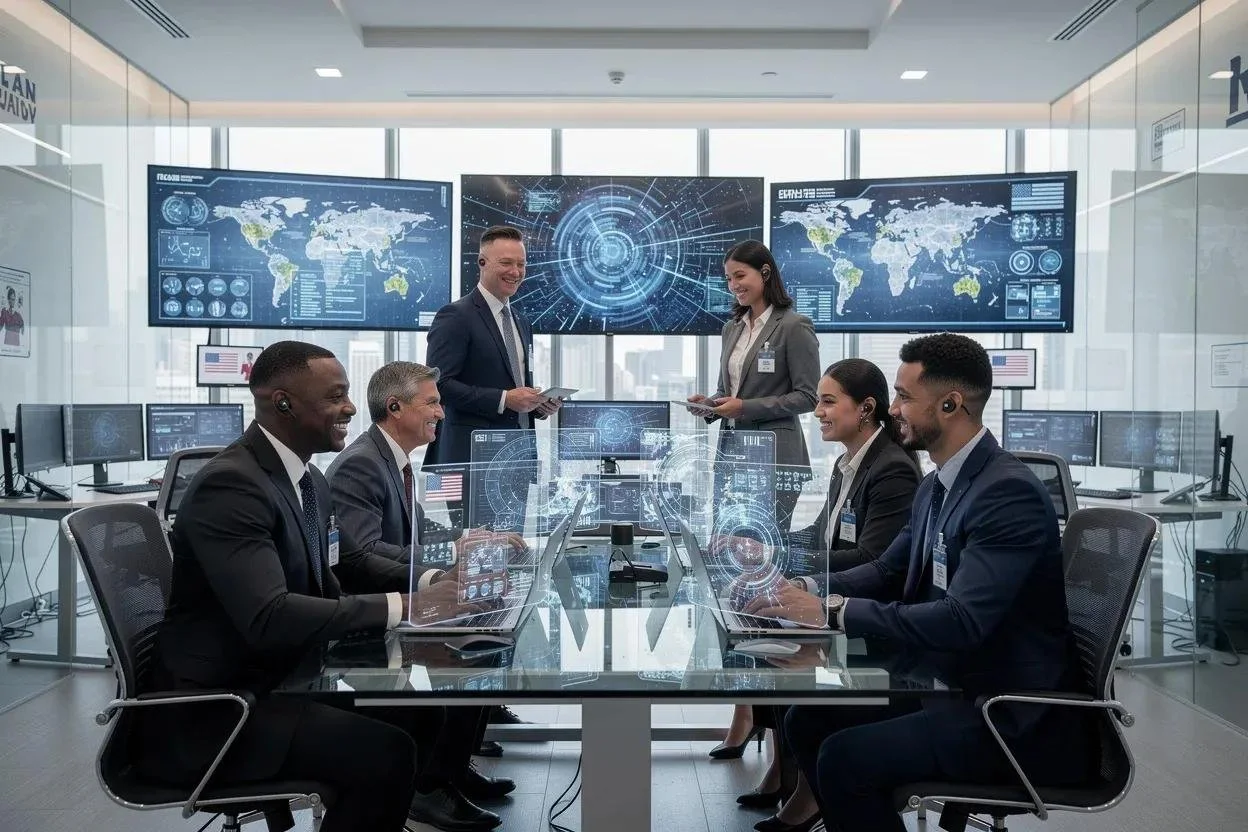 Business professionals in a high-tech conference room with digital screens, analyzing data and working on laptops.