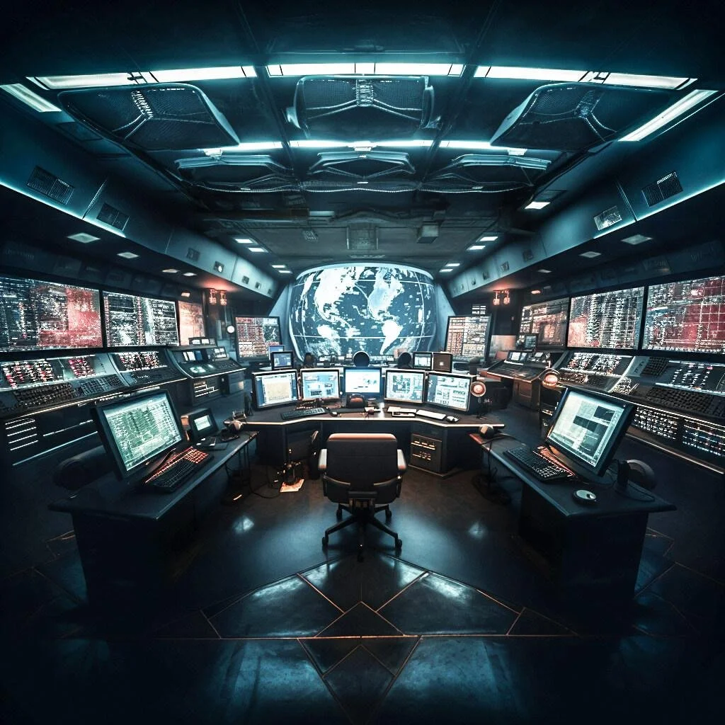 A high-tech control room with multiple computer monitors and displays, featuring a large spherical world map screen in the background.