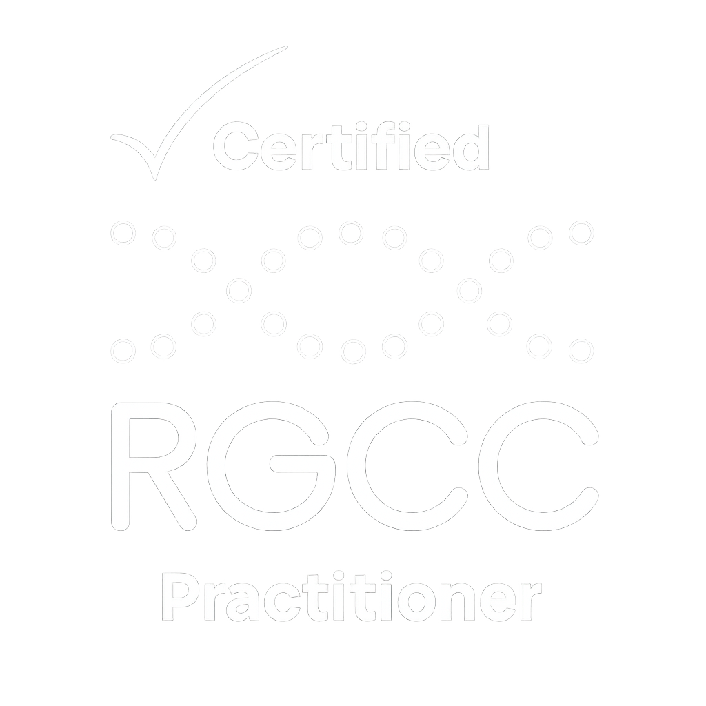A certification badge with a checkmark, the word 'Certified', a dotted circle arrow, 'RGCC', and the word 'Practitioner'.