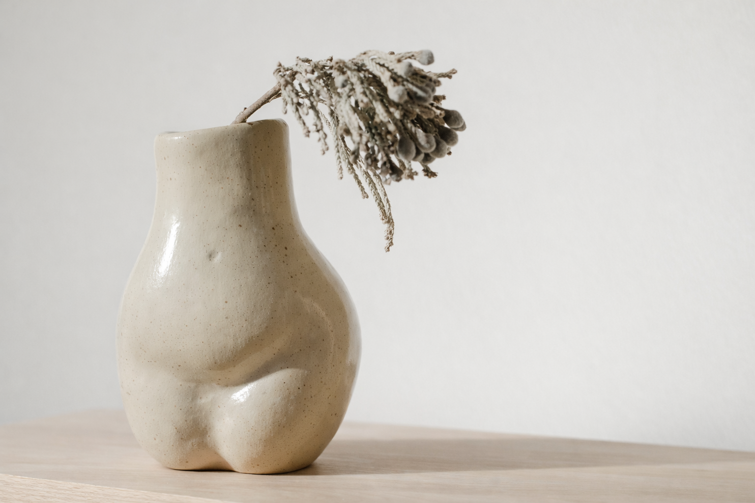 A beige ceramic vase with a unique, organic shape, sitting on a light wooden surface, holding a frosted dried branch with small buds.