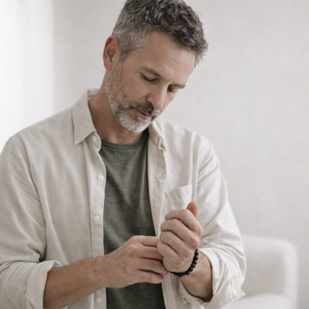 A middle-aged man with gray hair and a beard adjusting a black beaded bracelet on his wrist, wearing a beige button-up shirt over a dark gray t-shirt, standing in a light-colored room.