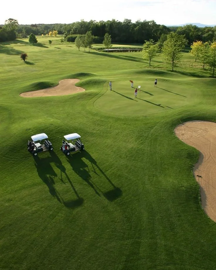 Carritos de golf en el fairway y golfistas en el green