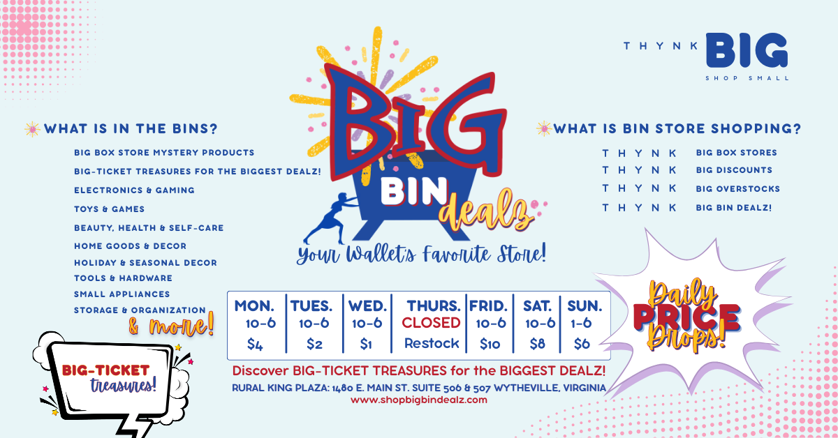 What is bin store shopping at Big Bin Deals along with a chart of daily price drops and store hours