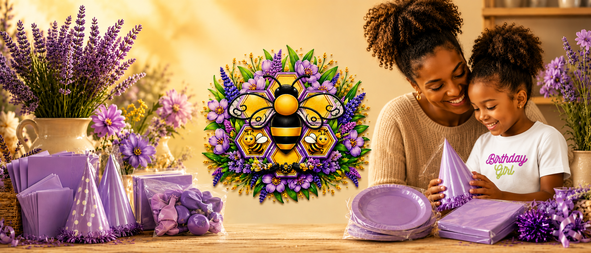 A mother and daughter celebrating a birthday with purple decorations, party hats, and balloons, with a floral centerpiece and bee-themed wall decoration in the background.