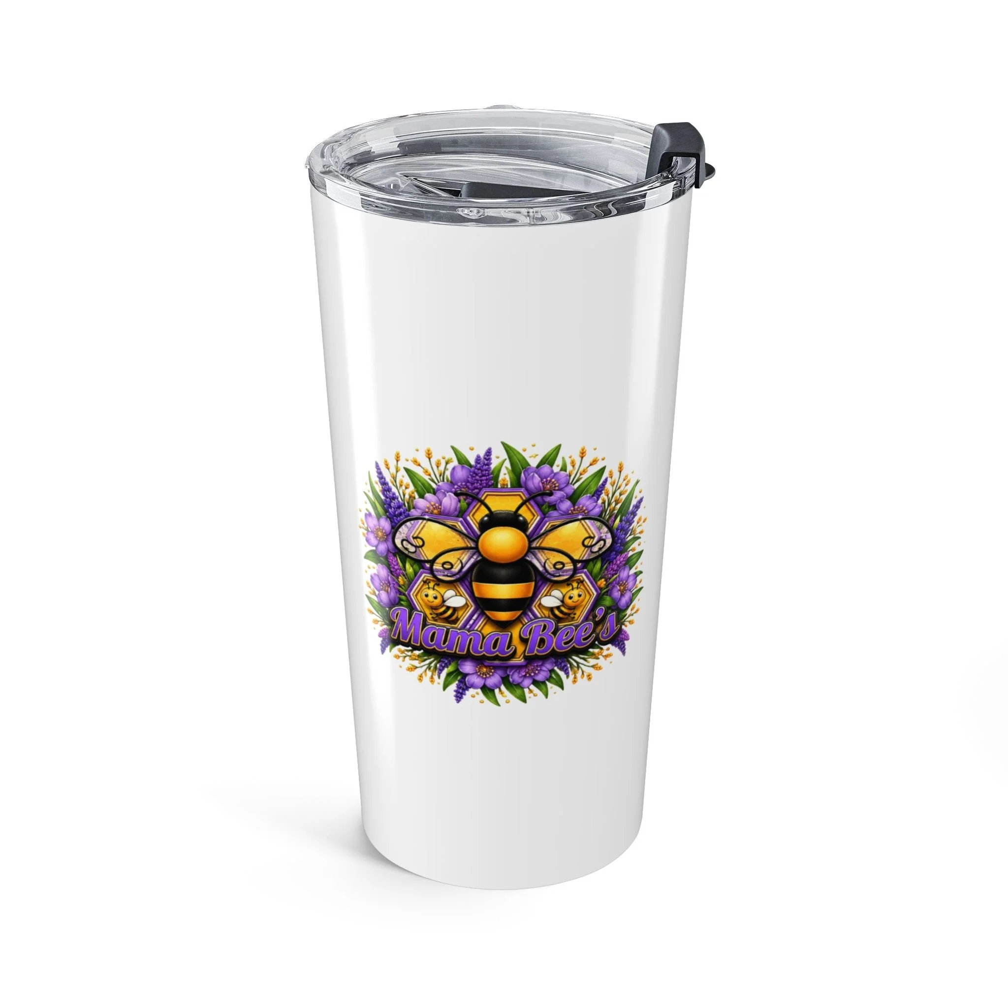 A tumbler cup with a floral design and a cartoon bee (Mama Bee's Foundation logo) on the front.