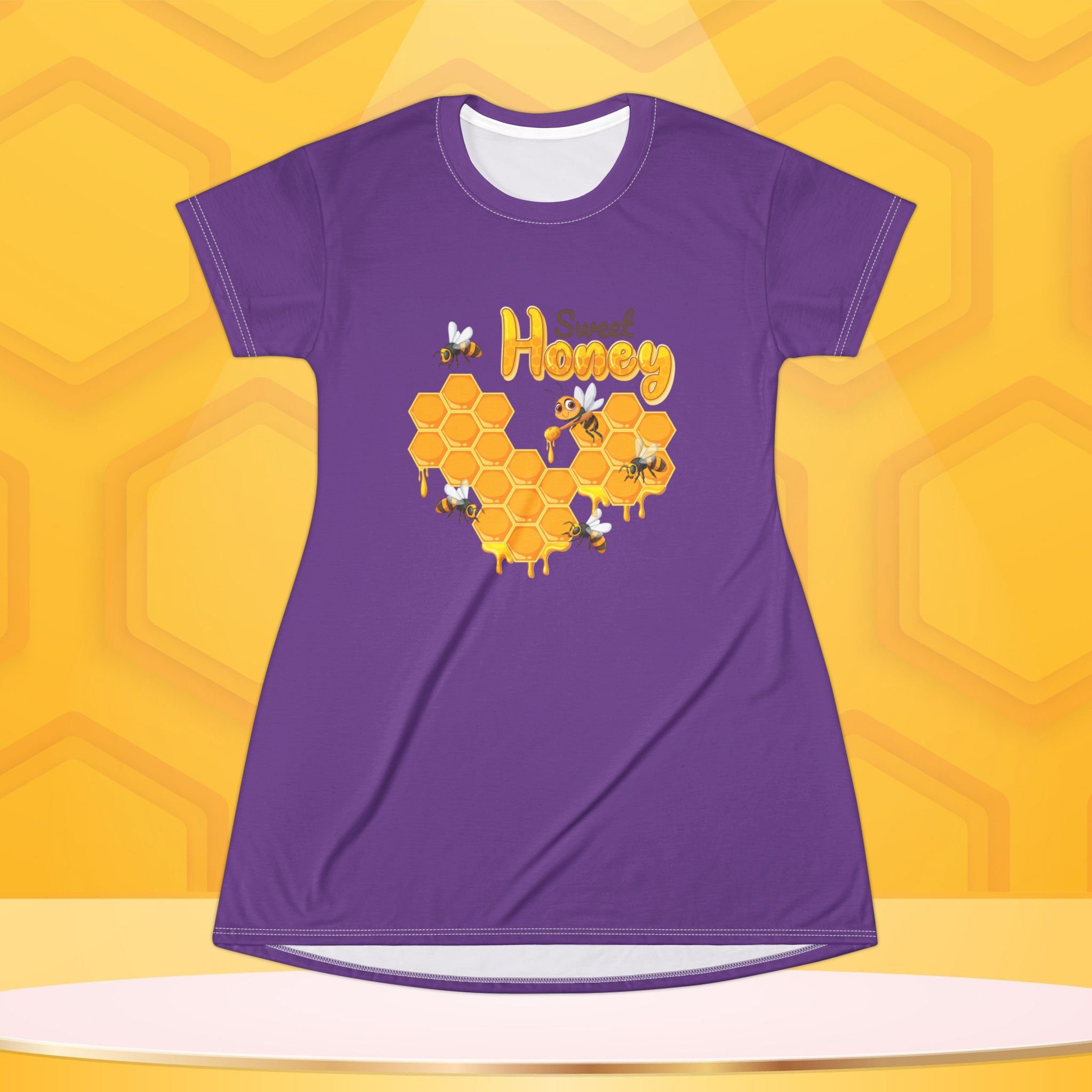 Honey Bee T-Shirt Dress — Cute Honeycomb Bee Graphic Tee Dress