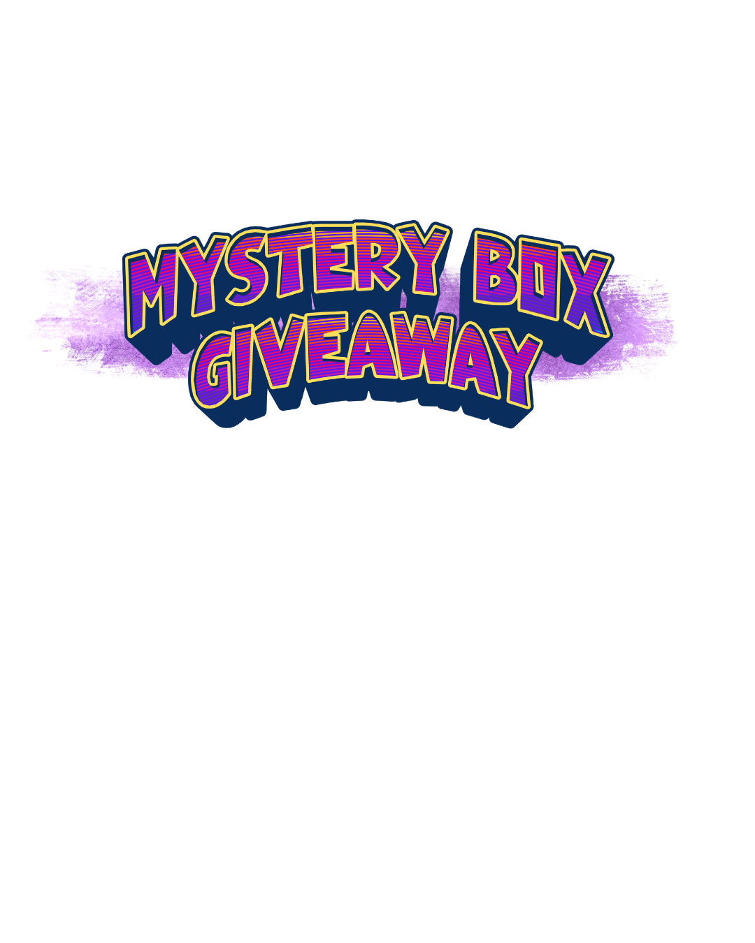 Colorful text with purple and yellow letters reading 'Mystery Box Giveaway' with a purple paint splash background.