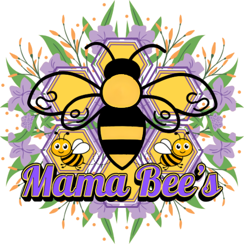 A colorful logo with a cartoon bee at the center, surrounded by purple flowers and two smaller smiling bees. The text reads "Mama Bee's."