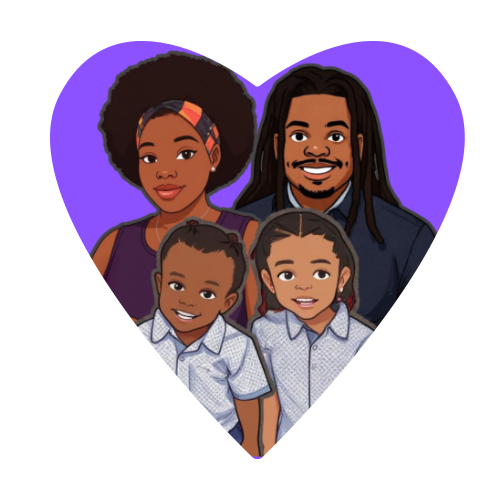 Illustration of a family of four, with a woman, a man, and two children, all smiling and standing close together against a purple background.