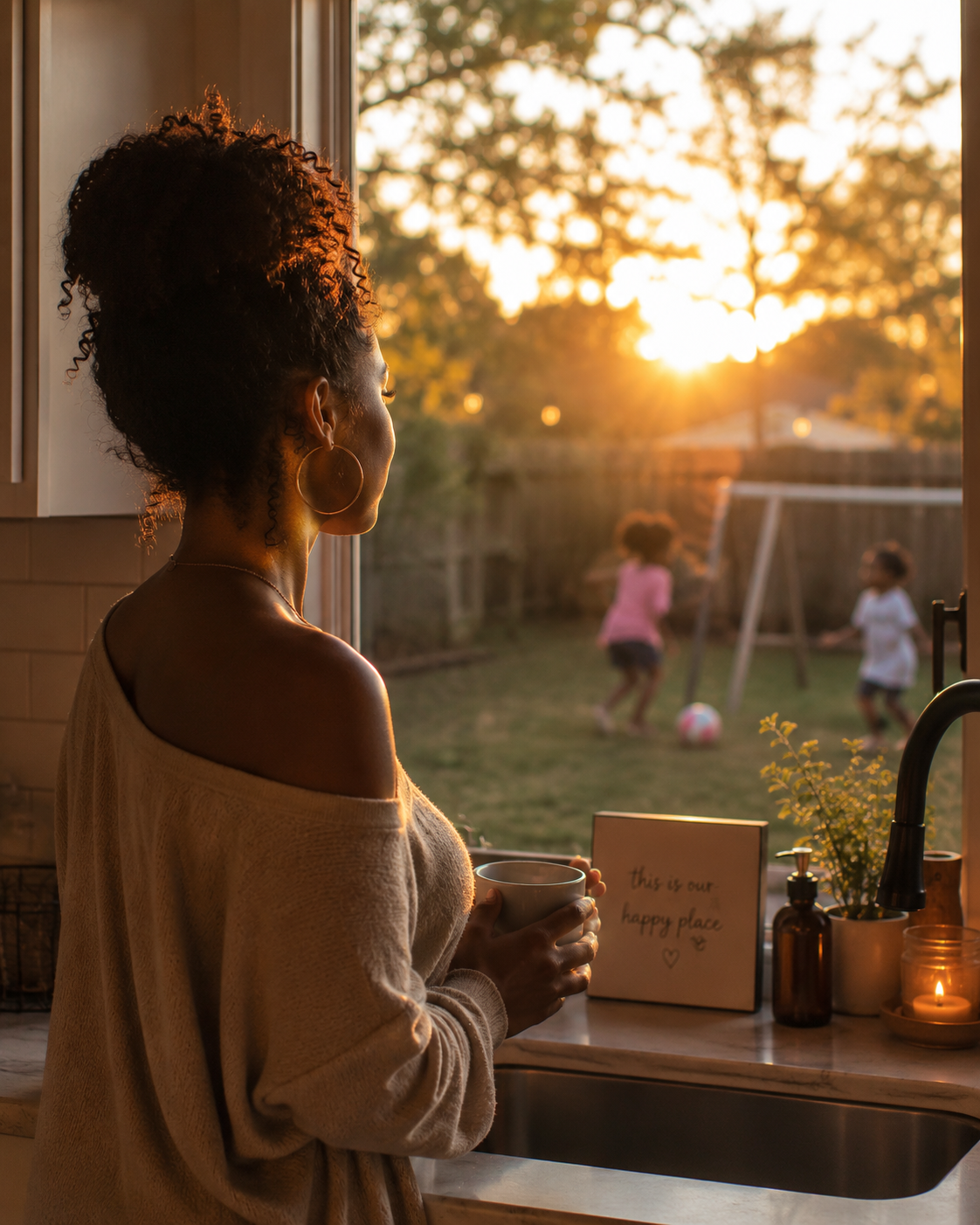 Woman with curly hair and hoop earrings standing in kitchen, looking out window at children playing in the backyard during sunset.