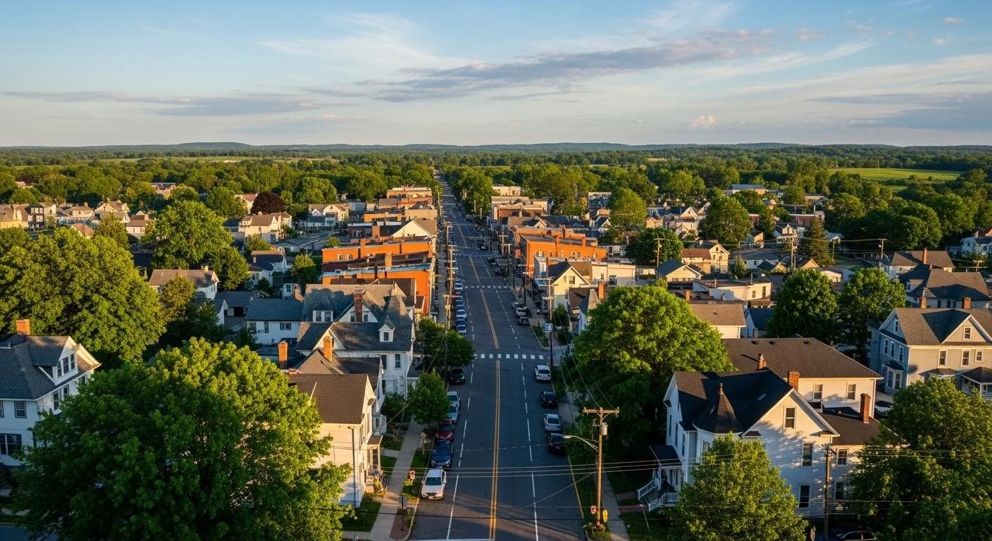 Aerial view of a small town with residential homes, commercial buildings, and green trees along a main street during daylight.