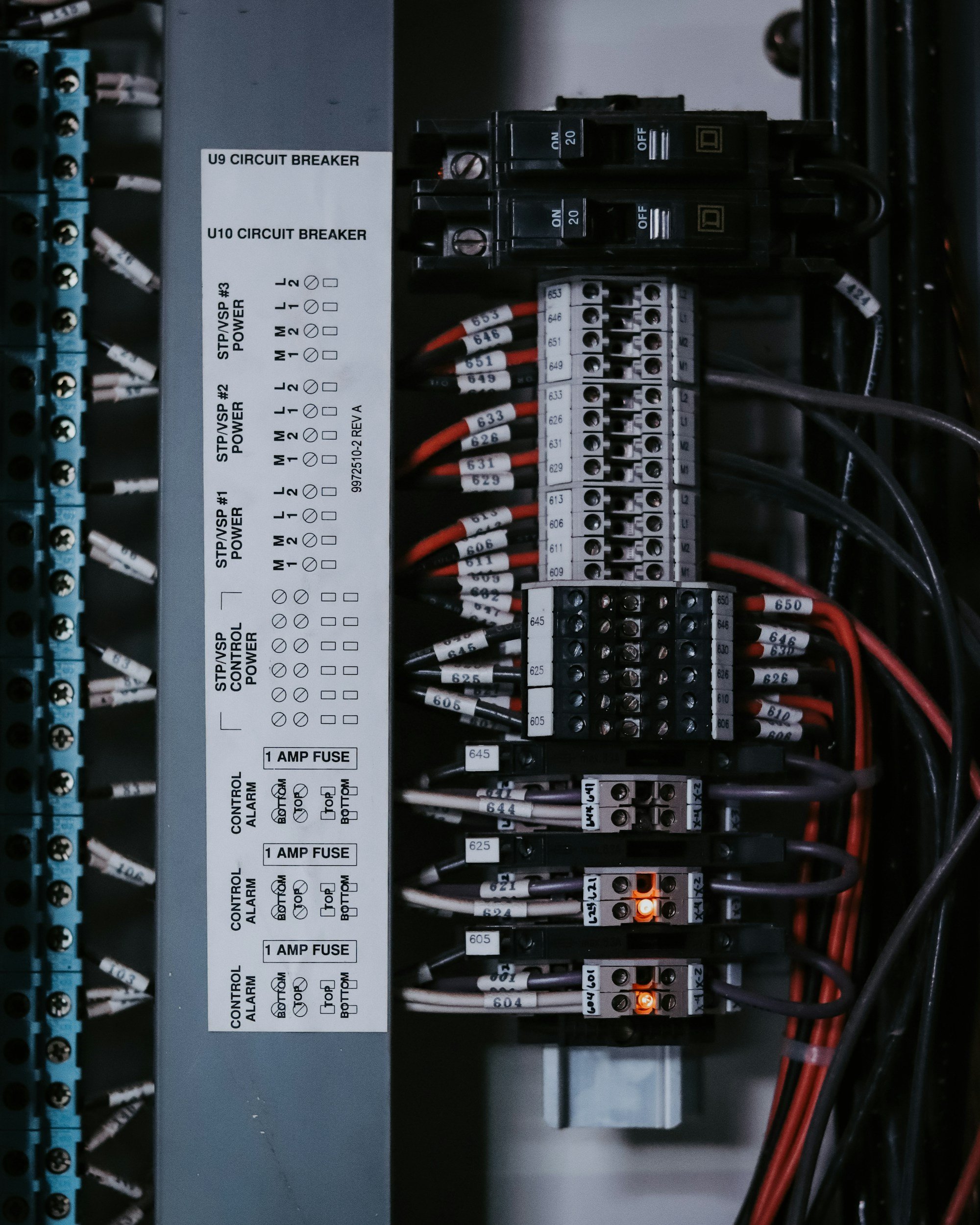 Interior of an electrical control panel with circuit breakers, wires, and labels indicating circuit functions.