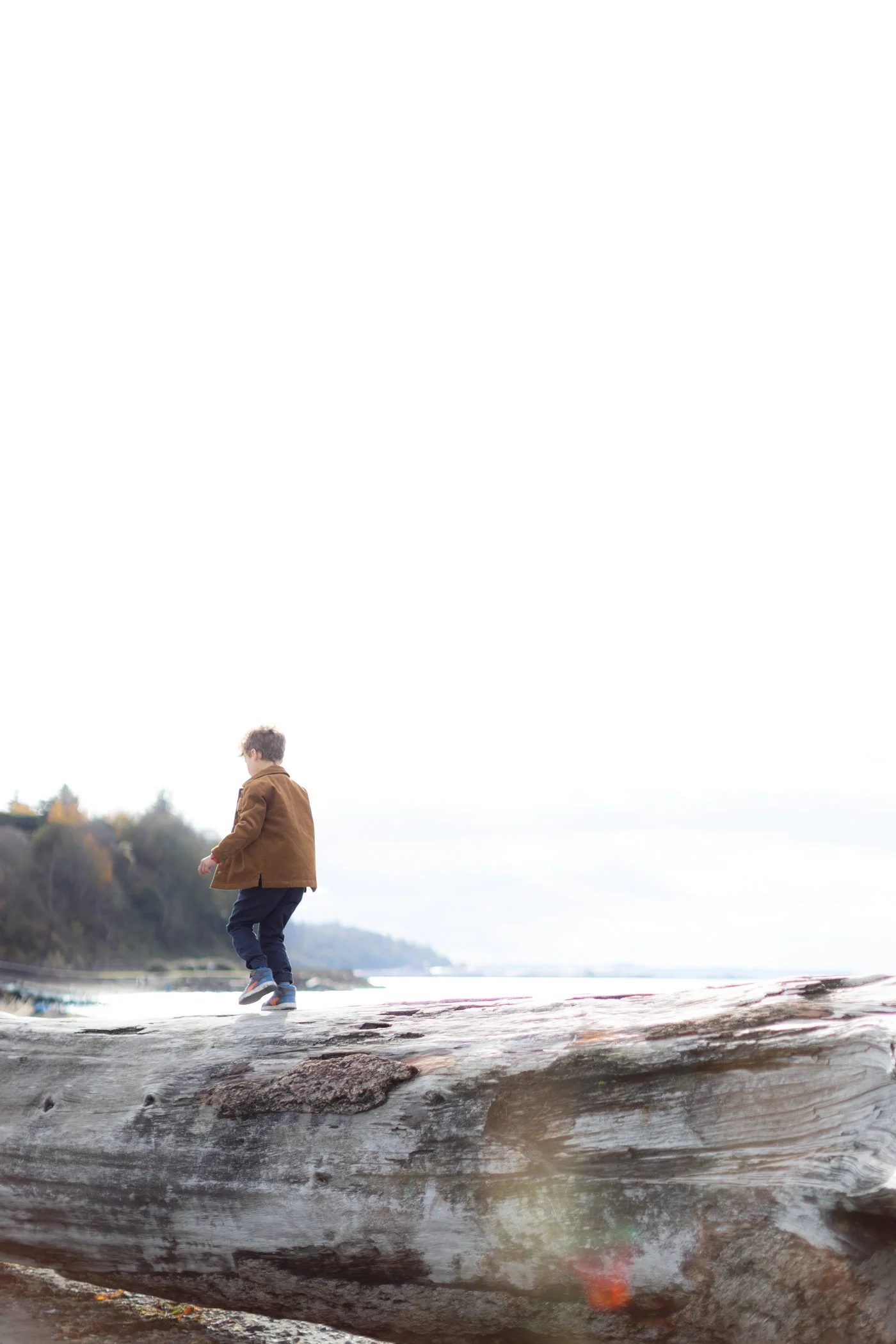 Child walking on driftwood at Marina Beach Park in Edmonds, WA