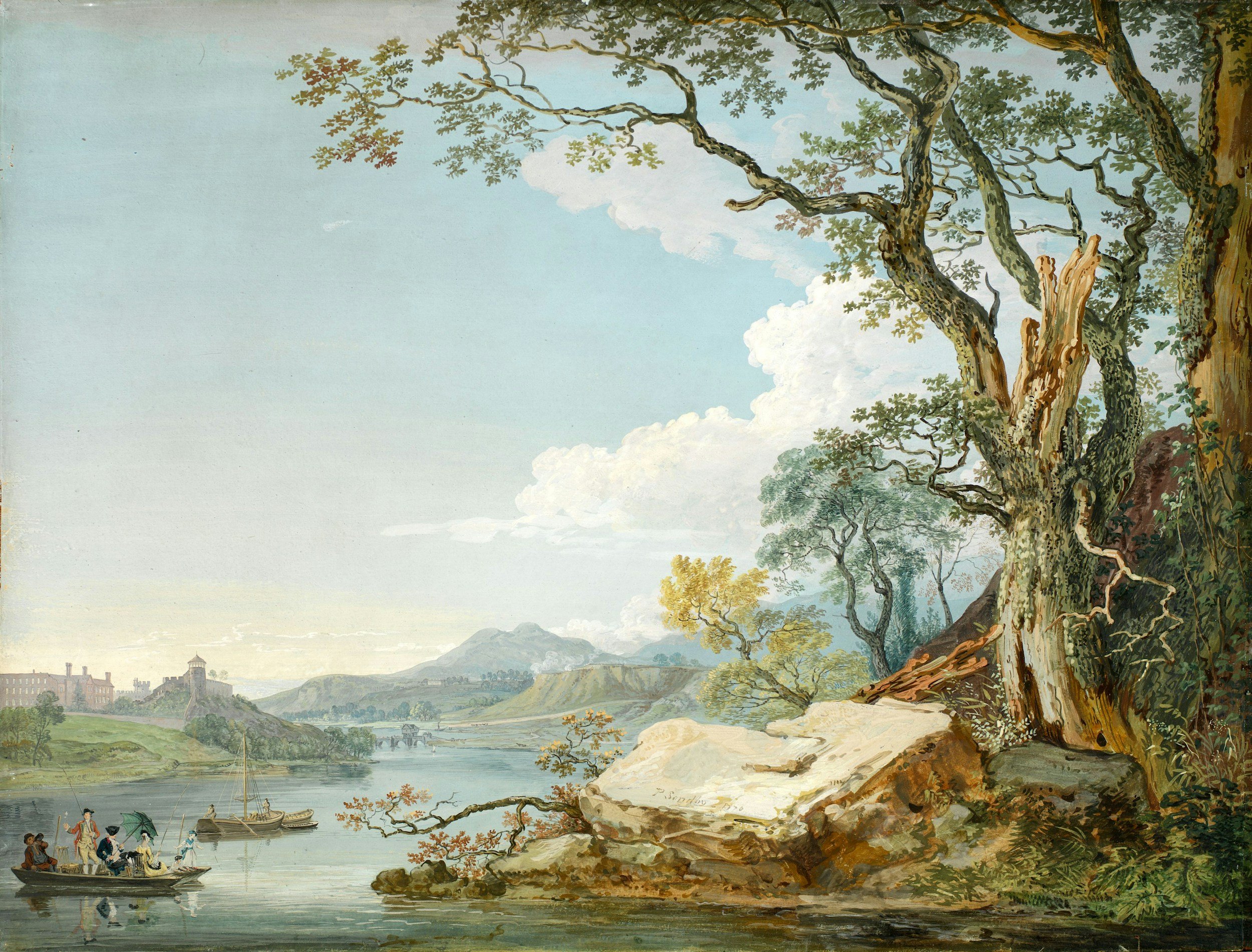 A landscape watercolor painting featuring a large, gnarled tree in the foreground on the right, with rocks and foliage, overlooking a river with boats and people, with hills, a castle, and a dam in the background.